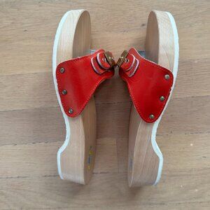 Original Dr Scholl’s Wooden Exercise Sandals Red Leather Made in Italy NICE!